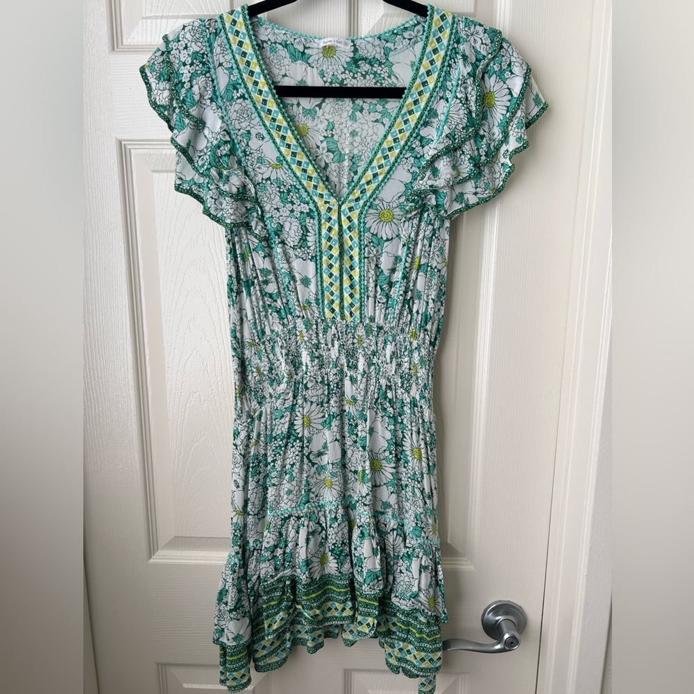 Poupette St. Barth Green and White Floral Mini Dress